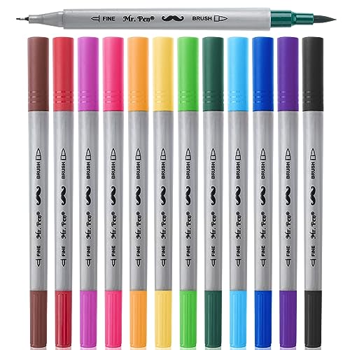 Mr. Pen Dual Tip Brush Pens - 12 Colors