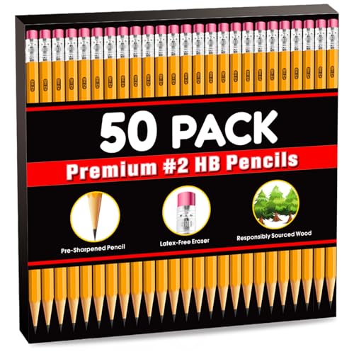 50 Pack Pre-Sharpened #2 Yellow Pencils with Erasers