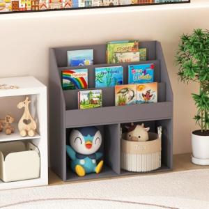 Costzon Kids Bookshelf, Wooden Toy Storage Cabinet Organizer with Shelves & 2 Large Cubes, 2-in-1 Children Bookcase Display Sling Book Rack for Kids Room, Bedroom, Nursery, Kindergarten (Gray)