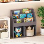 Costzon Kids Bookshelf, Wooden Toy Storage Cabinet Organizer with Shelves & 2 Large Cubes, 2-in-1 Children Bookcase Display Sling Book Rack for Kids Room, Bedroom, Nursery, Kindergarten (Gray)