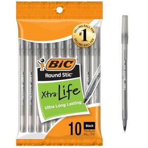BIC Round Stic Xtra Life Black Ballpoint Pens