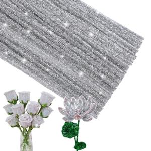 ZXIIXZ 100 Pcs Pipe Cleaners, Glitter Pipe Cleaners Craft Supplies, Creative Craft Pipe Cleaners Bulk for Art DIY Crafts Decorations/Glitter Silver