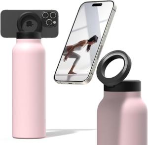 Ringo Insulated Water Bottle - Compatible MagSafe Water Bottle w/Phone Holder - Stainless Steel School Water Bottle w/Magnetic Phone Mount for Kids & Adult- Hot 12H, Cold 24H 360° Rotate - Pink 24oz