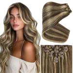 Ve Sunny Clip in Hair Extensions Human Hair Highlights Brown Clip in Hair Extensions Dark Brown with Caramel Brown Highlights Hair Extensions Clip ins for School 7pcs 120g 20inch