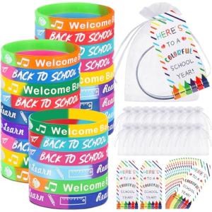 Liliful 24 Set School Rubber Bracelet Welcome Back to School Gift Set with Rubber Bracelet Organza Bags and Gift Label Tags First Day of School Classroom Gifts Goodie Bag Fillers (Dark Color)