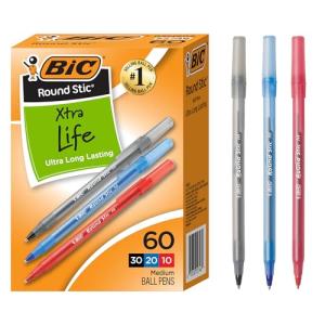 BIC Round Stic Xtra Life Ballpoint Pens, 60-Pack
