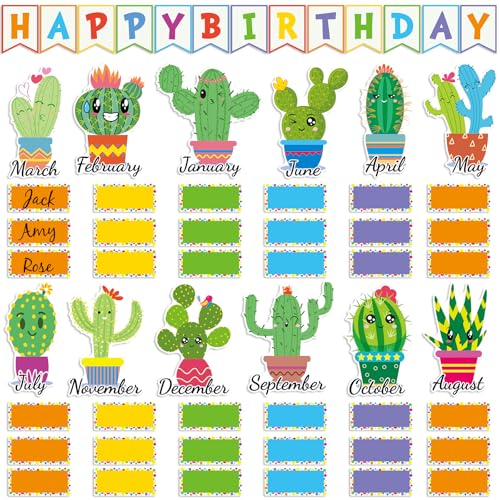 Weekgrat 64 Pcs Happy Birthday Bulletin Board Set Cactus Cutouts Birthday Classroom Decorations Birthday Calendars Chart Poster Supplies for First Day of School Teacher Classroom Wall Decor