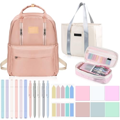 Geyoga 22 Pcs Aesthetic School Supplies Include 1 Aesthetic Backpack 1 Capacity Pencil Case 1 Lunch Box 6 Aesthetic Highlighters 5 Quick Dry Ink Pens 6 Transparent Sticky Note 2 Index Tabs (Pink)