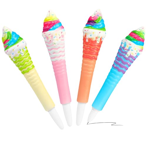 NEWEST 4 Pieces Ice Cream Squishy Pens, Cute Gel Pens Assorted Color Stress Relief Sponge Black Ink Pens Novelty Ice Cream Writing Pen for Students School Office Supplies