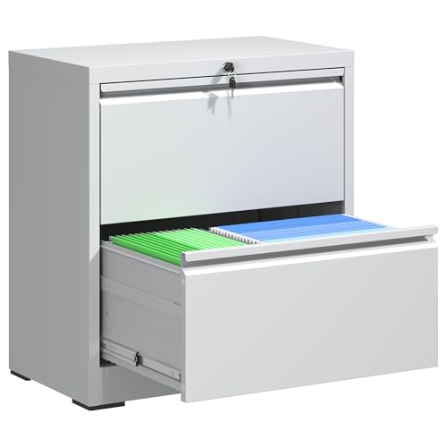 BIZOEIRON 2 Drawer Lateral File Cabinet with Lock, 26.8" Wide Metal Filing Cabinets for Home Office, Steel Storage File Cabinet for Letter/Legal/F4/A4 Size with Hanging Bars, Assembly Required(White)