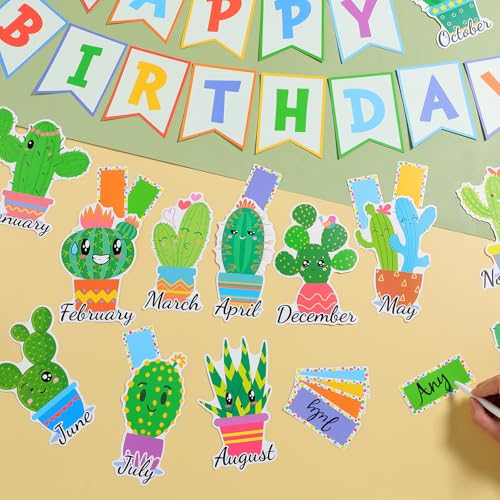 Weekgrat 64 Pcs Happy Birthday Bulletin Board Set Cactus Cutouts Birthday Classroom Decorations Birthday Calendars Chart Poster Supplies for First Day of School Teacher Classroom Wall Decor
