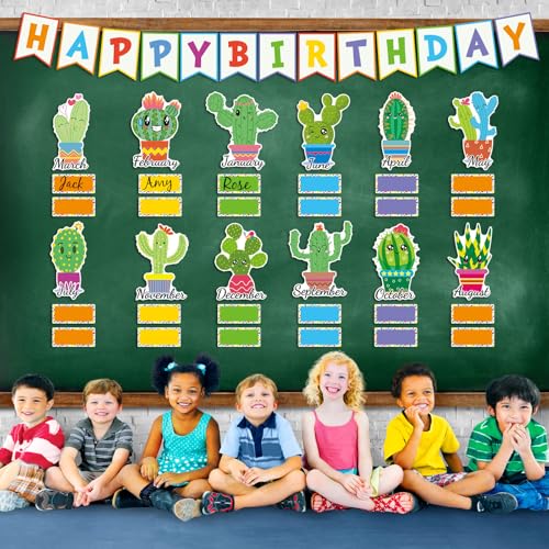 Weekgrat 64 Pcs Happy Birthday Bulletin Board Set Cactus Cutouts Birthday Classroom Decorations Birthday Calendars Chart Poster Supplies for First Day of School Teacher Classroom Wall Decor