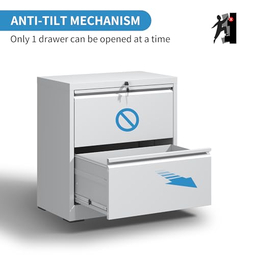 BIZOEIRON 2 Drawer Lateral File Cabinet with Lock, 26.8" Wide Metal Filing Cabinets for Home Office, Steel Storage File Cabinet for Letter/Legal/F4/A4 Size with Hanging Bars, Assembly Required(White)