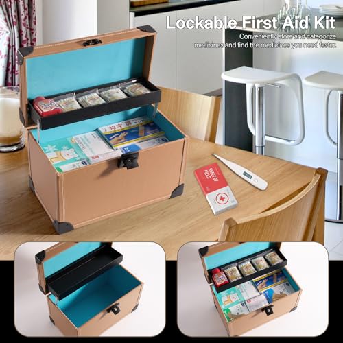 LOCKCURX Medication Lock Box -13.4 x 8.3 x 7.5 Inch Large - Khaki - Childproof Medication Lock Organizer With Tray, Medicine Lock Box with Key, Locking Box with Portable Storage Case