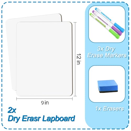 2 PC Small White Board Dry Erase Classroom Pack Boards 9"x12” Personal Whiteboards for Students Teachers School Supplies Lapboards,with Whiteboard Erasers Incl and Colors Pens