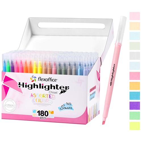 FLEXOFFICE 180 Pack Highlighters Assorted Colors, 6 Bright and Muted Colors Chisel Tip Highlighter Markers, Bulk Highlighter for Classroom, School, Home, Kids, Students|Back To School Supplies