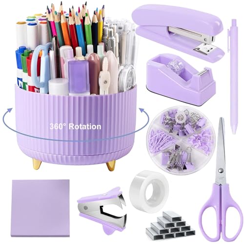 Office Supplies Set, Desk Organizers and Accessories 10PCS with 360 Degree Rotating Pen Holder, Stapler, Tape Dispenser, Scissors, Gel pen,Binder/Paper Clips and 1000pcs Staples,Pink Desk Supplies Set