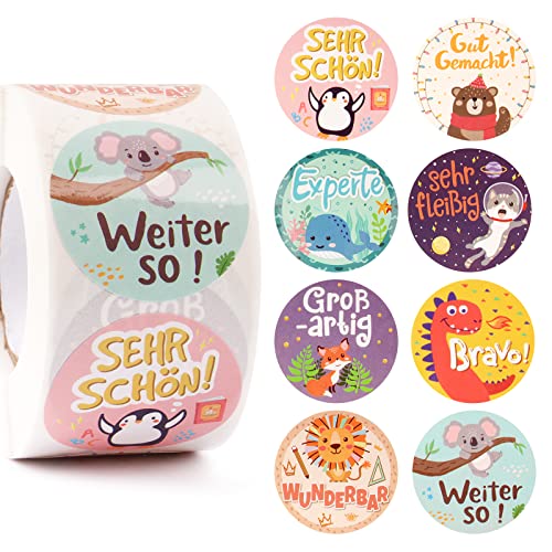 Pack of 500 4 cm Motivational Stickers for Children Self-Adhesive Teacher Reward Stickers with 8 Cute Animals Motifs Reward Stickers Teacher Supplies for Teachers Parents in Class and at Home etc.