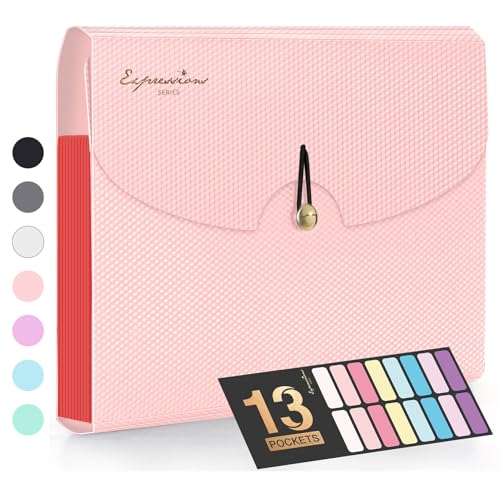 Sooez Expanding File Folder, 13 Pocket Accordion File Organizer, Monthly Expandable File Folder for Documents with Labels, Portable Bill Receipt Organizer for School Office Supplies, Letter A4 Size
