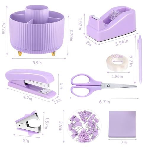 Office Supplies Set, Desk Organizers and Accessories 10PCS with 360 Degree Rotating Pen Holder, Stapler, Tape Dispenser, Scissors, Gel pen,Binder/Paper Clips and 1000pcs Staples,Pink Desk Supplies Set