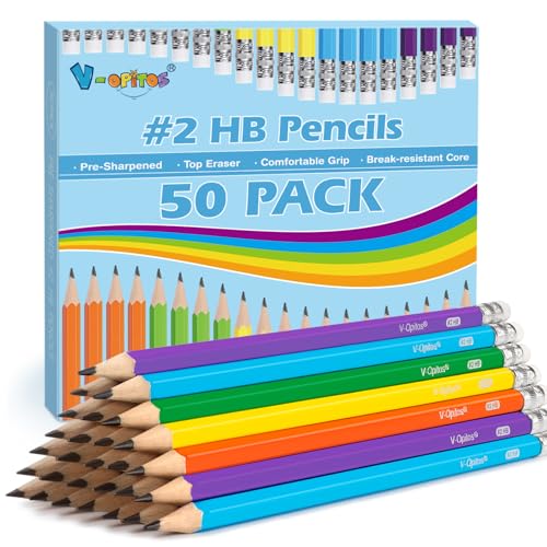 V-Opitos #2 Pencils, 50 Pack Pre-Sharpened Wood-Cased Pencils with Top Erasers, Bulk 2HB Pencils with Assorted Colors for School Teacher Supplies, Writing, Drawing and Sketching