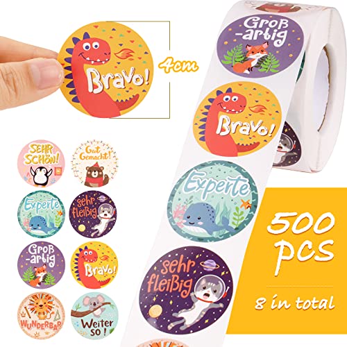 Pack of 500 4 cm Motivational Stickers for Children Self-Adhesive Teacher Reward Stickers with 8 Cute Animals Motifs Reward Stickers Teacher Supplies for Teachers Parents in Class and at Home etc.