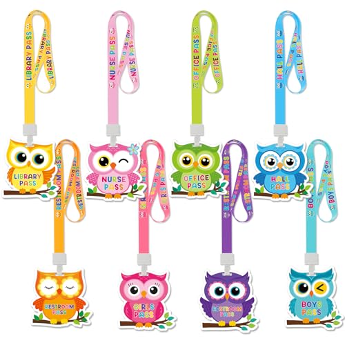 Ctosree Set of 8 Owl Unbreakable PVC Hall Pass Boho Lanyards and School Passes Set School Supplies Teacher Supplies for Classroom Elementary Middle School Restroom Library Office