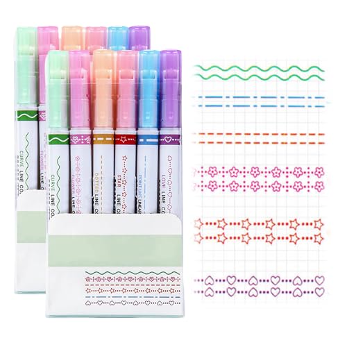 Highlighters Pen Cute Highlighters,Dual Tip Pens with 6 Different Curve Shapes Fine Tips Aesthetic,Liquid Highlighters Markers School Supplies for College Study Office Desk (Single Tip 12PCS)