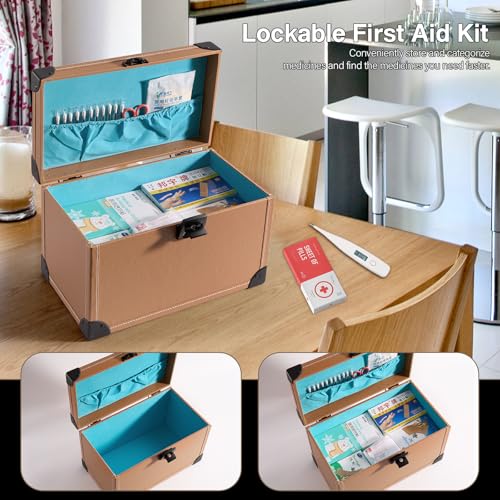 LOCKCURX Medicine Lock Box -13.4 x 8.3 x 7.5 Inch Large - Khaki - Childproof Medication Lock Organizer, Medication Lock Box with Key, Locking Box with Portable Storage Case