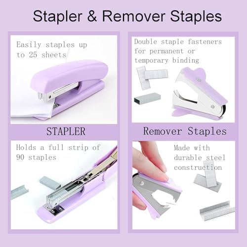 Office Supplies Set, Desk Organizers and Accessories 10PCS with 360 Degree Rotating Pen Holder, Stapler, Tape Dispenser, Scissors, Gel pen,Binder/Paper Clips and 1000pcs Staples,Pink Desk Supplies Set