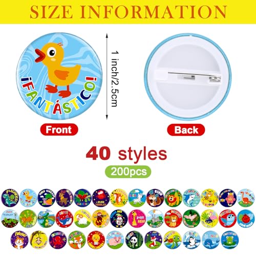 XunYee 200 Pcs Reward Button Pins Mini Round Inspirational Recognition Button Motivational Pins Bulk Teacher Reward Pin for Kids Students Classroom Elementary Grade School Home Supplies (Spanish)