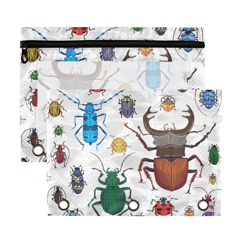 Kcldeci 2 Pack 3 Ring Pencil Pouch Pencil Bag Pencil Zipper Pouches for 3 Ring Binder Small Beetles Pencil Pouch Bulk Pencil Cases with Clear Window for Office Supplies