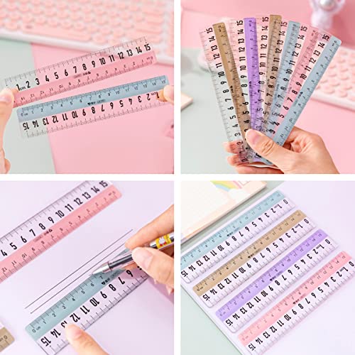LuckyMoon 3 Pcs Transparent Straight Ruler with Extra Large Clear Scale, 6 Inch Plastic Rulers 15cm Shatterproof Drawing Measuring Ruler Stationery for Kids School Supplies (Color Random)