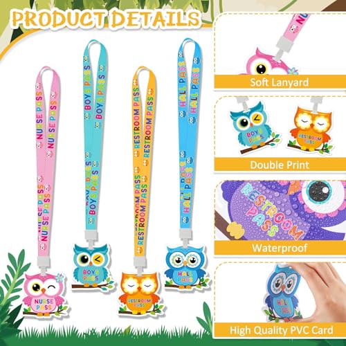 Ctosree Set of 8 Owl Unbreakable PVC Hall Pass Boho Lanyards and School Passes Set School Supplies Teacher Supplies for Classroom Elementary Middle School Restroom Library Office
