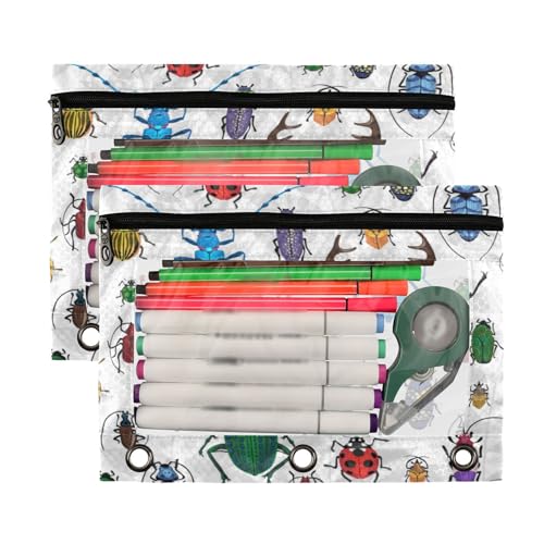 Kcldeci 2 Pack 3 Ring Pencil Pouch Pencil Bag Pencil Zipper Pouches for 3 Ring Binder Small Beetles Pencil Pouch Bulk Pencil Cases with Clear Window for Office Supplies