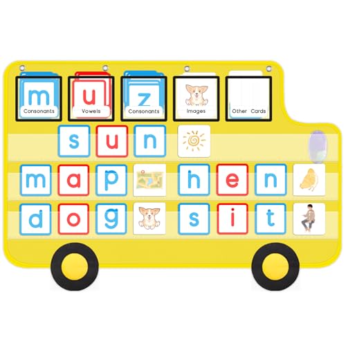 Pocket Chart for Classroom, 33 ⅞ " x 22" Large School Bus Shaped Pocket Charts for Kids, Back to School Supplies, Classroom Decor Hanging Pocket Charts with 8 Sentence Strips Holder (Yellow)