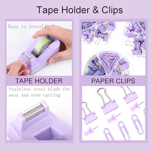 Office Supplies Set, Desk Organizers and Accessories 10PCS with 360 Degree Rotating Pen Holder, Stapler, Tape Dispenser, Scissors, Gel pen,Binder/Paper Clips and 1000pcs Staples,Pink Desk Supplies Set