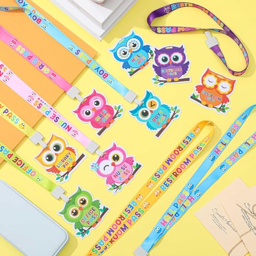 Ctosree Set of 8 Owl Unbreakable PVC Hall Pass Boho Lanyards and School Passes Set School Supplies Teacher Supplies for Classroom Elementary Middle School Restroom Library Office