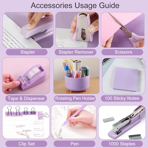 Office Supplies Set, Desk Organizers and Accessories 10PCS with 360 Degree Rotating Pen Holder, Stapler, Tape Dispenser, Scissors, Gel pen,Binder/Paper Clips and 1000pcs Staples,Pink Desk Supplies Set