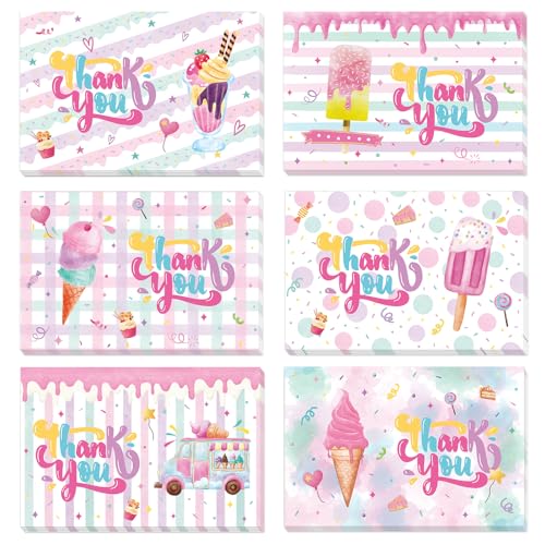 WERNNSAI Ice Cream Thank You Cards - 24 PCS Thank You Cards with Envelopes Stickers for Girls Kids Ice Cream Party Supplies Appreciation Thank You Notes for Summer Birthday Party Graduation