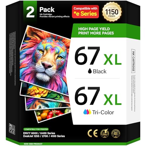 67XL Printer Ink for HP 67XL Ink Cartridges Black/Color Combo Pack Replacement for HP Ink 67 XL DeskJet 2700e 2755 2755e 2855e 4155e 4100 4255e Envy 6000 6055 6400 6455e 6455 Pro 6458 6475 1255 Inkjet