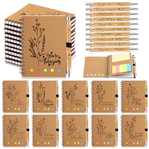 Watersay 20 Pcs Employsee Appreciation Gifts Inspirational Spiral Notebooks Motivational Bamboo Ballpoint Pens Set Thank You Gifts for Coworker Teacher Student Team Classroom Reward School Supplies