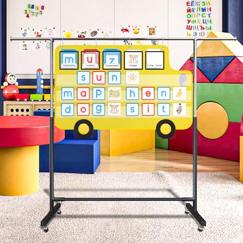 Pocket Chart for Classroom, 33 ⅞ " x 22" Large School Bus Shaped Pocket Charts for Kids, Back to School Supplies, Classroom Decor Hanging Pocket Charts with 8 Sentence Strips Holder (Yellow)