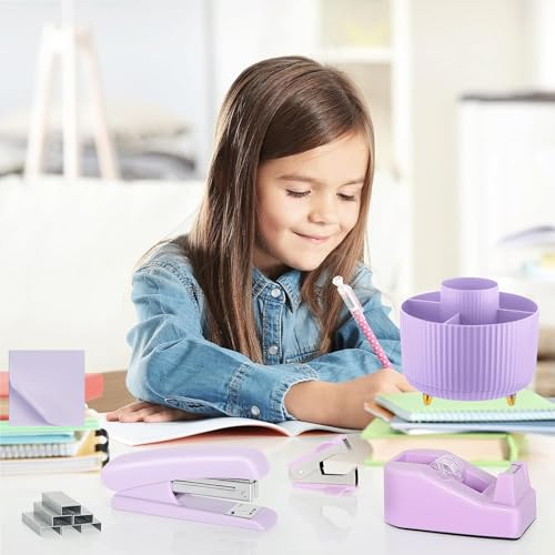 Office Supplies Set, Desk Organizers and Accessories 10PCS with 360 Degree Rotating Pen Holder, Stapler, Tape Dispenser, Scissors, Gel pen,Binder/Paper Clips and 1000pcs Staples,Pink Desk Supplies Set