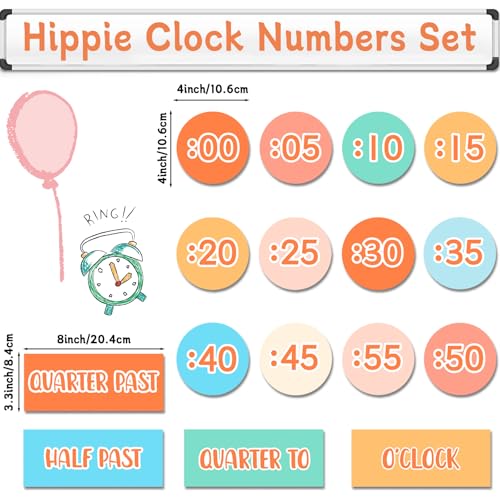 Hippie Clock Numbers Groovy Bulletin Board Kit Boho Rainbow Classroom Decoration Retro Hippie Clock Labels for Home School Classroom Living Room Wall Decor Kids Students Elementary Teacher Supplies