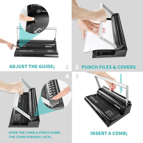 Binditek Comb Binding Machine, 19-Hole, 145 Sheet, Comb Punch Binder Machine with Starter Kit 30 PCS 1/2" Binding Combs, Comb Binder Machine for Letter Size, A5 or Smaller Sizes, Binding Supplies