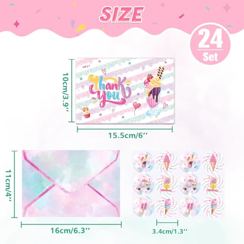 WERNNSAI Ice Cream Thank You Cards - 24 PCS Thank You Cards with Envelopes Stickers for Girls Kids Ice Cream Party Supplies Appreciation Thank You Notes for Summer Birthday Party Graduation
