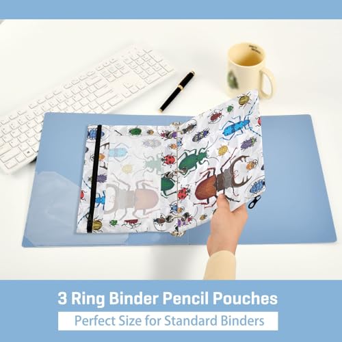 Kcldeci 2 Pack 3 Ring Pencil Pouch Pencil Bag Pencil Zipper Pouches for 3 Ring Binder Small Beetles Pencil Pouch Bulk Pencil Cases with Clear Window for Office Supplies