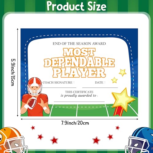 EYxsaxenk Football Achievement Award Certificates - 60Pcs End of Season Football Team Award Certificate Paper Sport Game Ceremony Award Certificate of Achievement for Kid Student Reward Teacher Supply