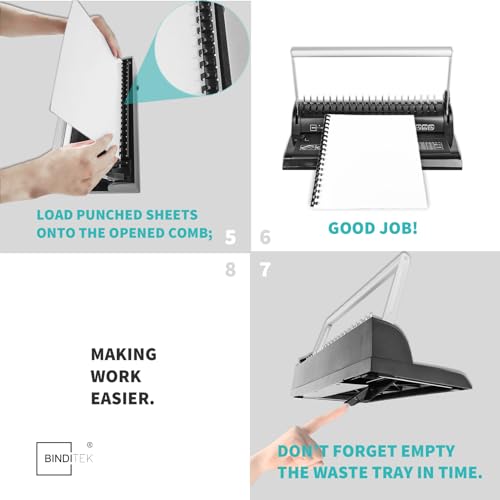 Binditek Comb Binding Machine, 19-Hole, 145 Sheet, Comb Punch Binder Machine with Starter Kit 30 PCS 1/2" Binding Combs, Comb Binder Machine for Letter Size, A5 or Smaller Sizes, Binding Supplies